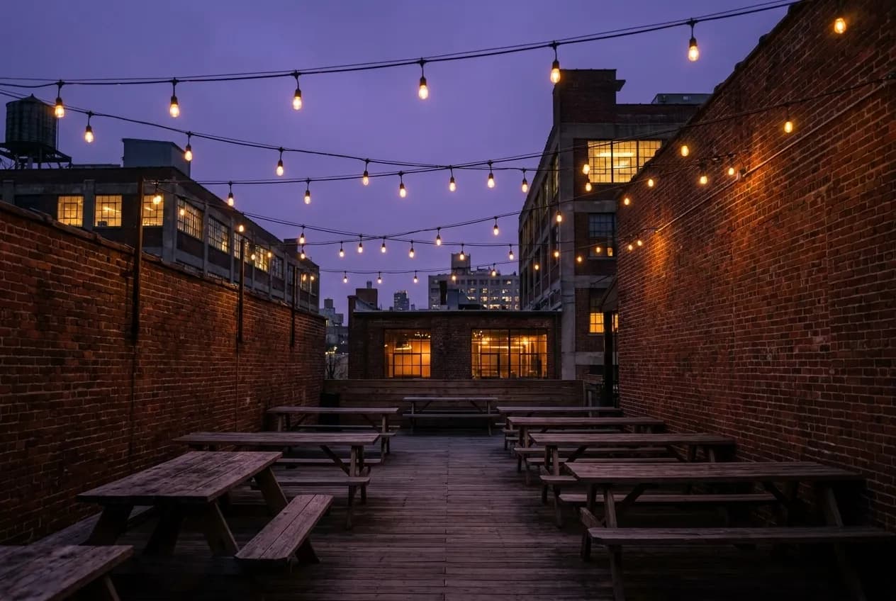 String lights glowing over an open-air Brooklyn courtyard bar at dusk, picnic tables empty before evening crowds arrive, brick walls and wood decking visible under violet sky.
