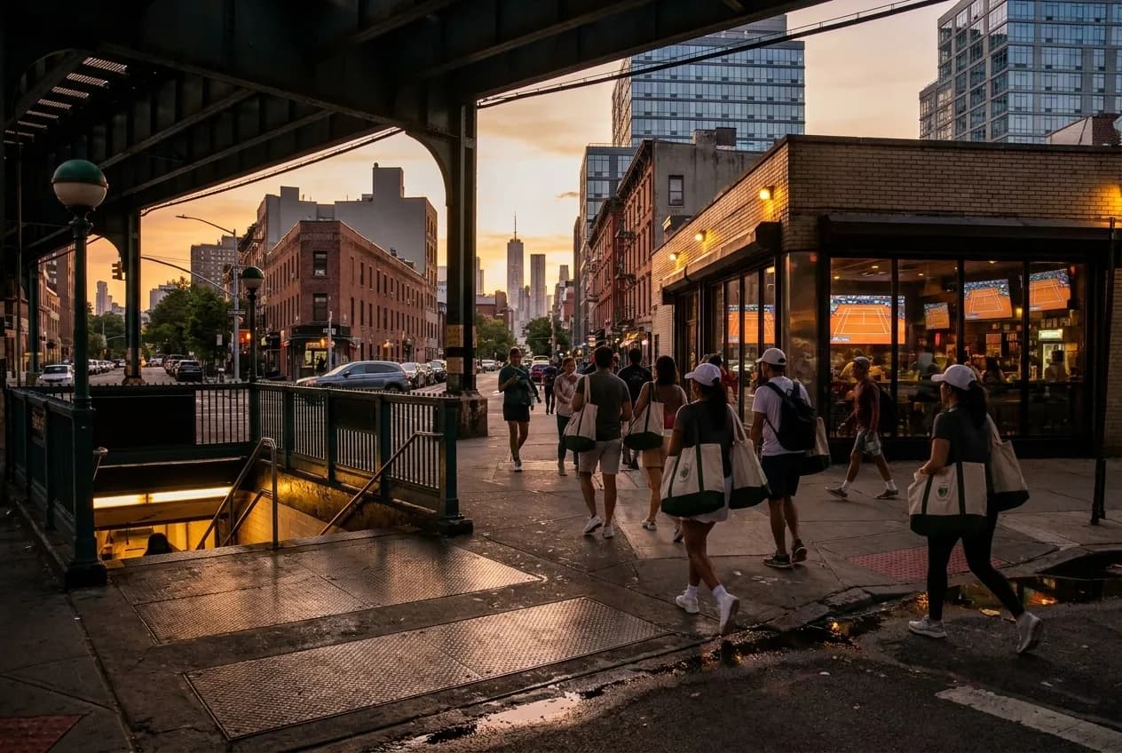 Subway entrance under elevated tracks in Fort Greene at early evening, with tennis fans in athleisure and team caps walking toward a corner bar showing match graphics on screen through big front windows.