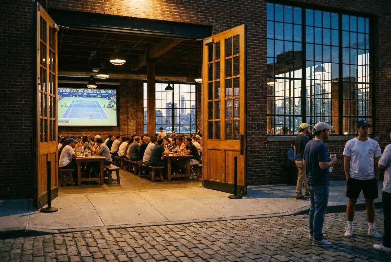 Wide projector screen glowing inside a Williamsburg beer hall at dusk, with wooden communal tables stretching toward exposed brick walls and the lit Manhattan skyline visible through tall warehouse windows.