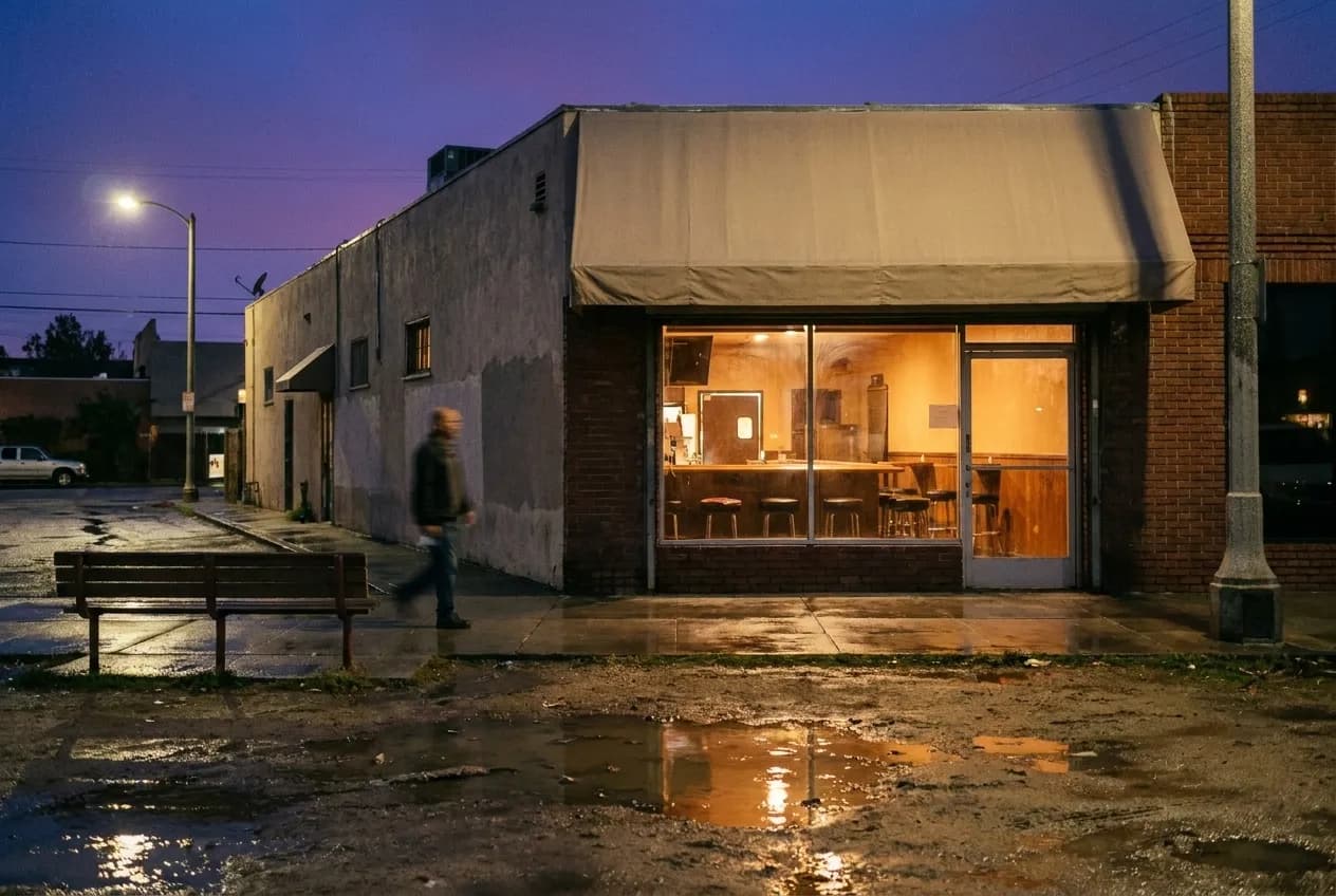 A neighbourhood bar frontage at dusk with lights on and stools visible inside