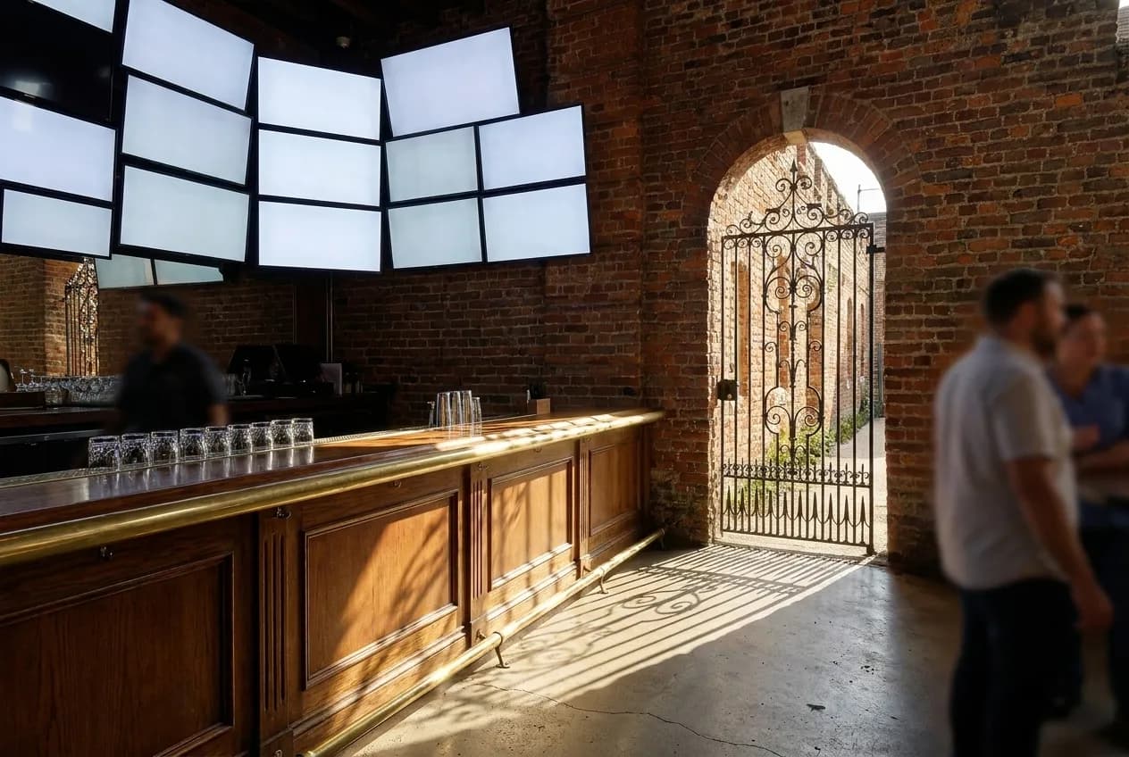 A wall of screens above a bar counter with empty glasses on the rail