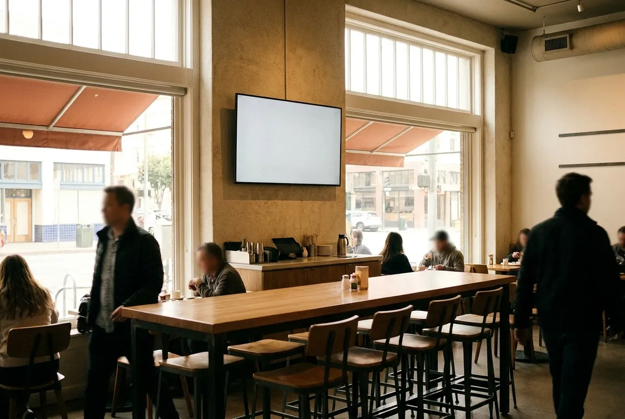 A restaurant interior in morning light with a large screen on the wall