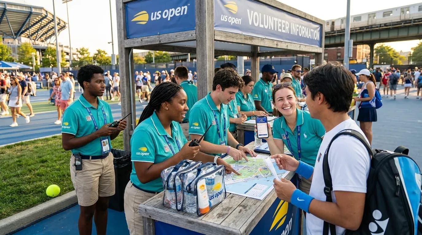 Photorealistic New York scene for US Open Volunteer Roles That Keep Tournament Days Moving.