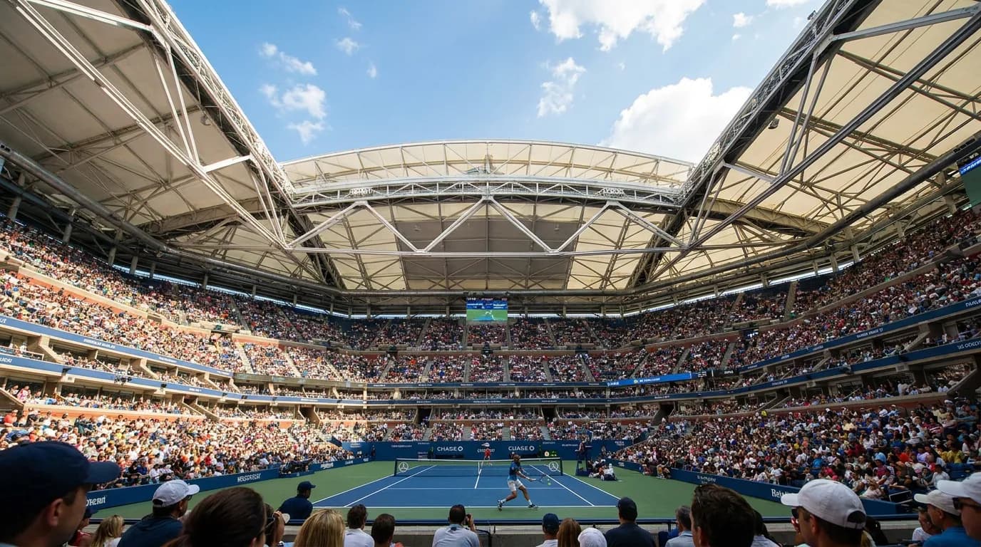 Photorealistic US Open tennis scene for US Open Weather Guide: Heat, Rain and Roof Rules.