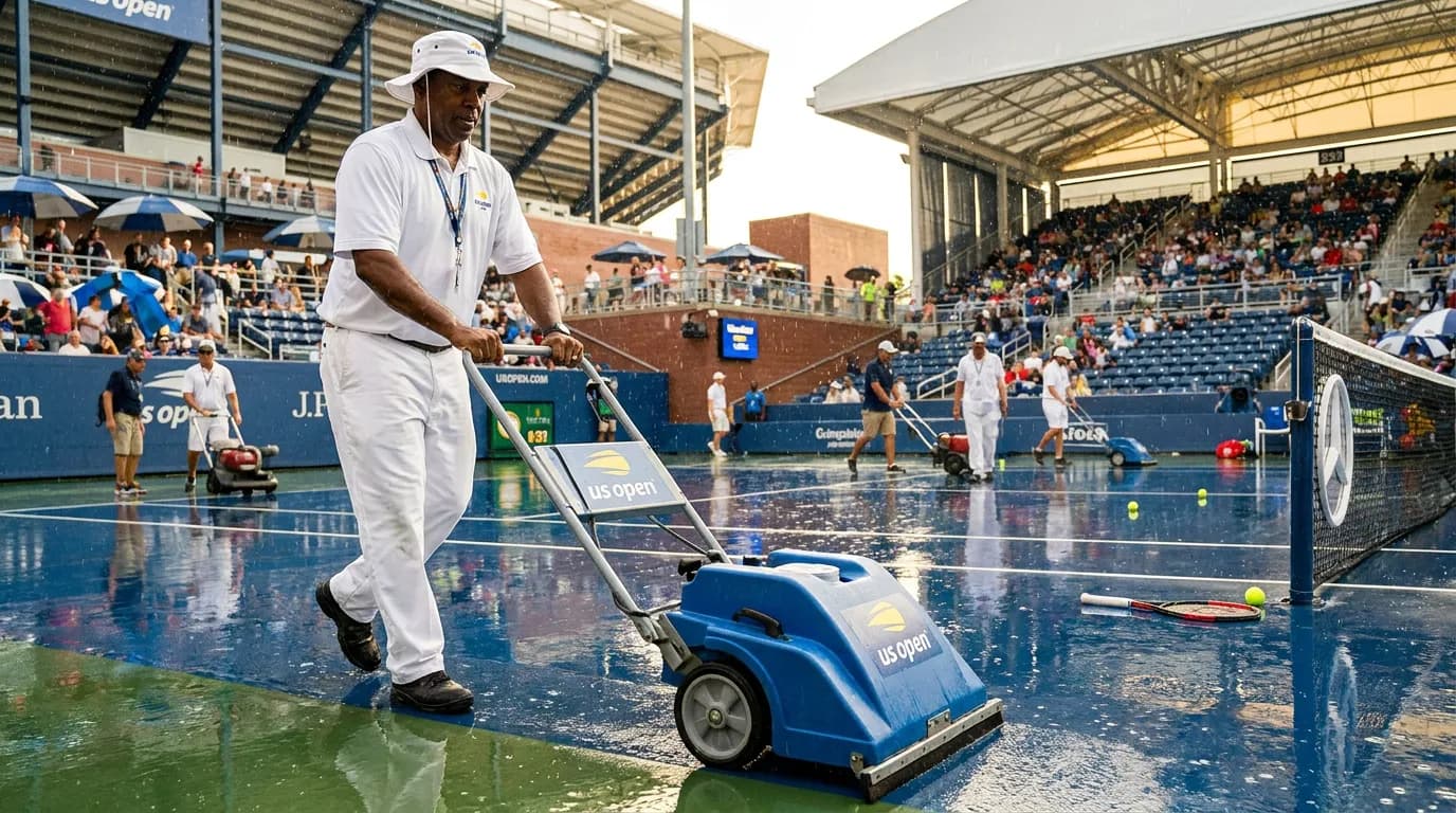 Photorealistic tennis scene illustrating US Open Weather Guide: Heat, Rain and Roof Rules.