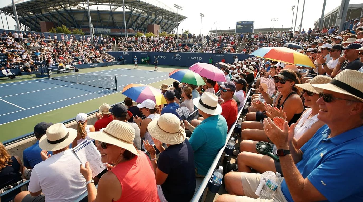 Bright US Open tennis atmosphere illustrating US Open Weather Guide: Heat, Rain and Roof Rules.