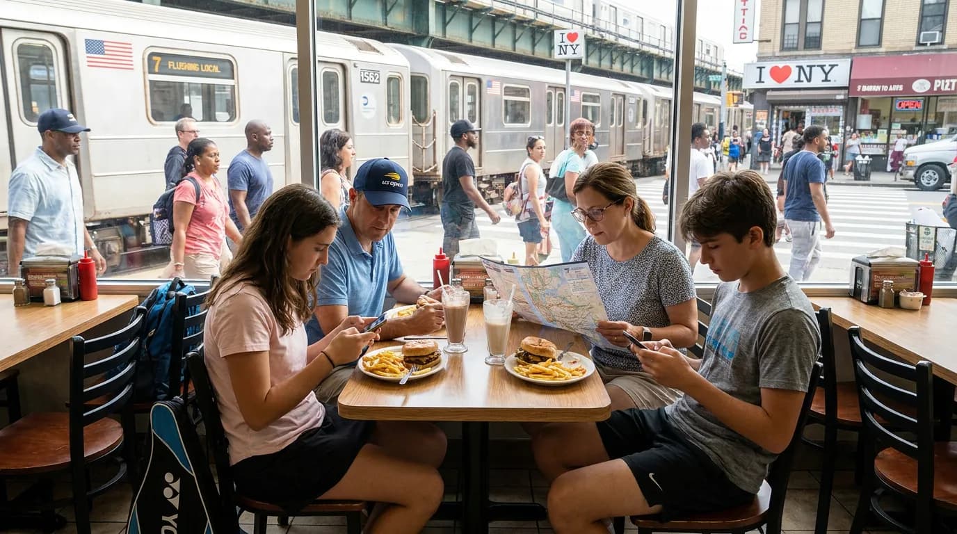 Photorealistic US Open tennis scene for US Open With Teens: Independence Without Losing Everyone.