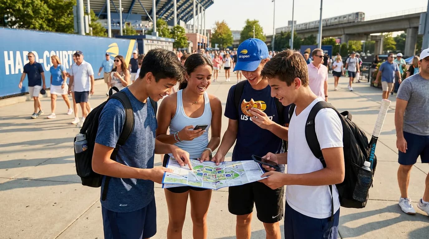 Photorealistic tennis scene illustrating US Open With Teens: Independence Without Losing Everyone.