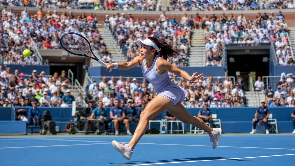 Photorealistic US Open tennis scene for US Open Women’s Contenders Beyond the Obvious Favorites.