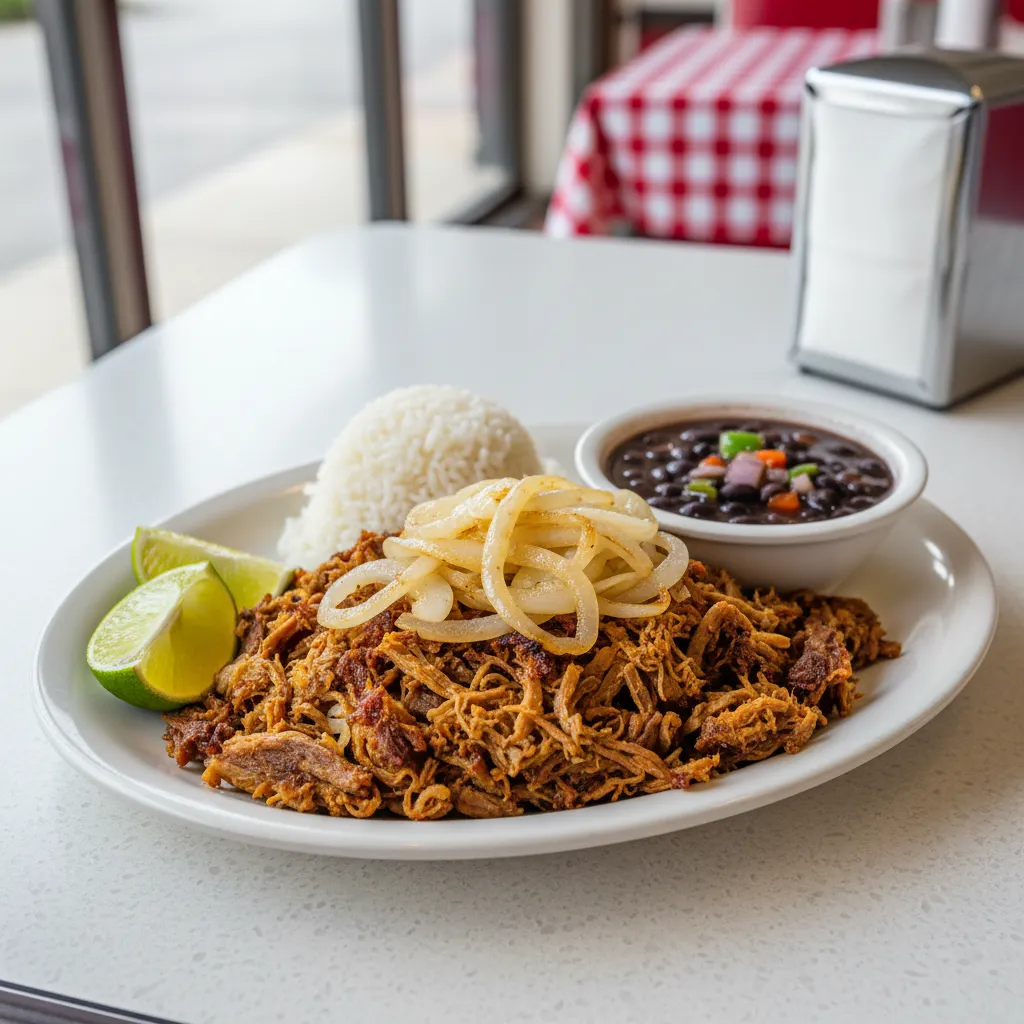 Plate of vaca frita with crispy shredded beef, sauteed onions, lime wedges, white rice and black beans
