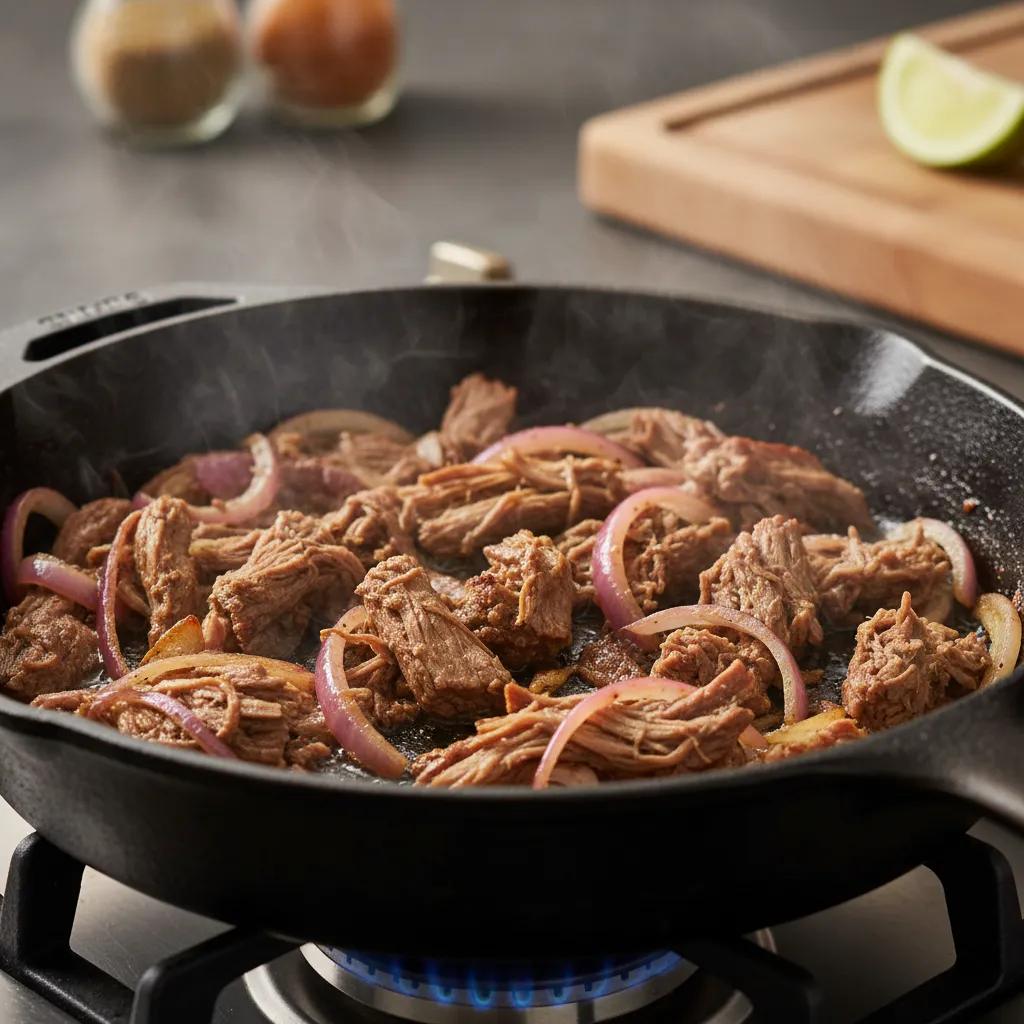 Shredded beef and onions searing in a hot cast iron skillet with crispy caramelized edges