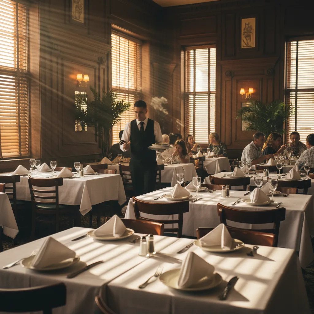 Old-school Cuban restaurant dining room with white tablecloths and warm light through blinds in Miami