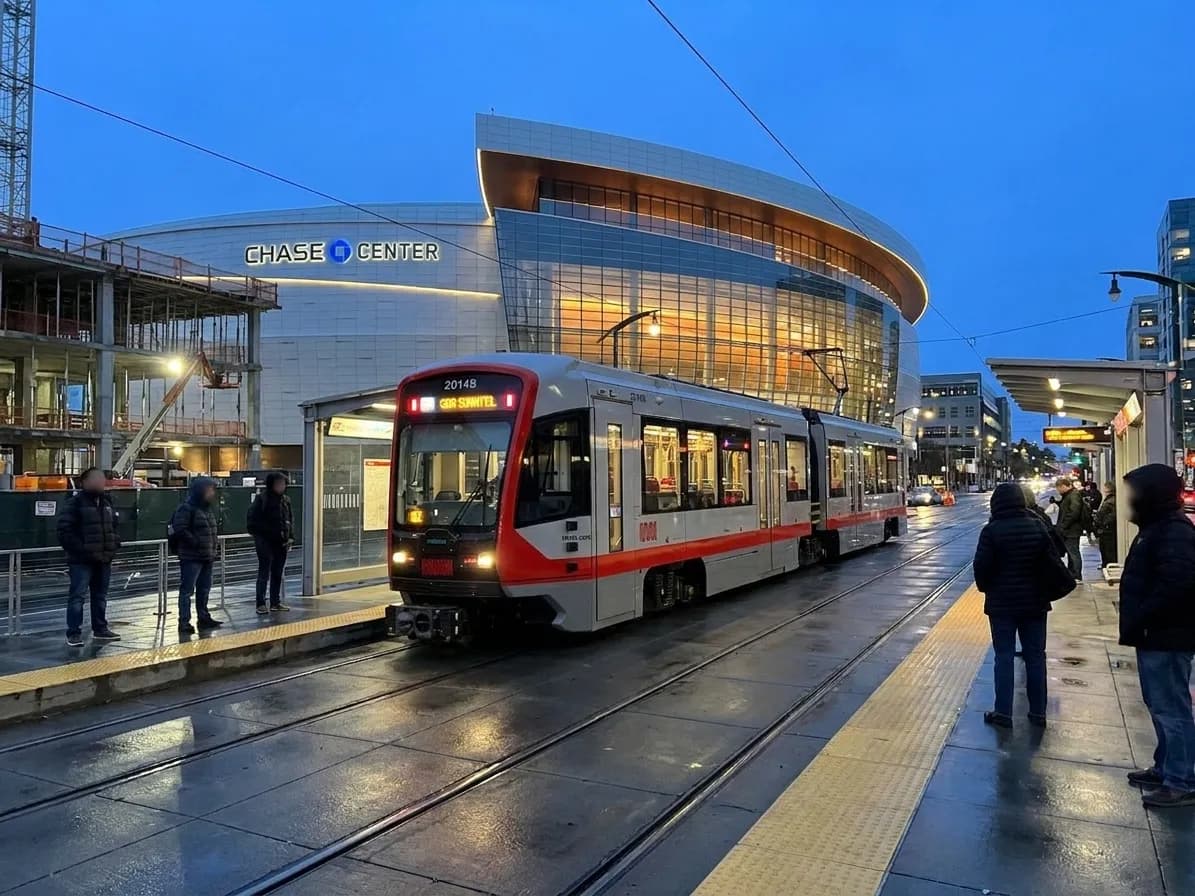 T Third Muni Metro train approaching UCSF/Chase Center station platform in Mission Bay at dusk