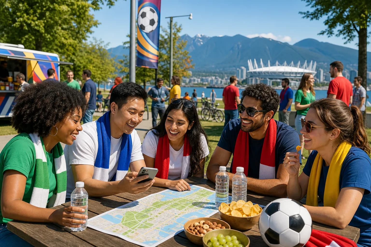 Vancouver fans using a rain-ready transit route after the match