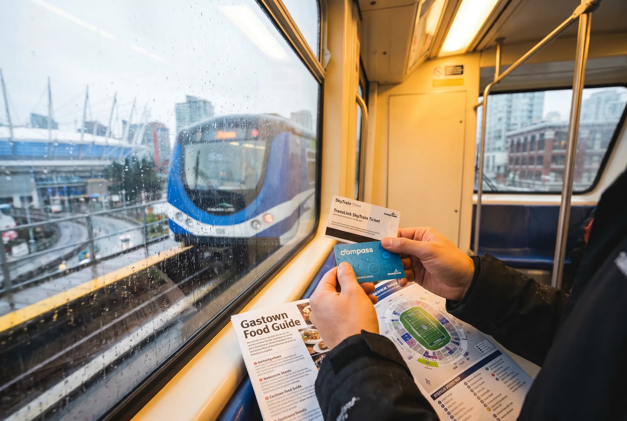 A bright practical scene for vancouver stadium skytrain lluvia and gastown food guide.
