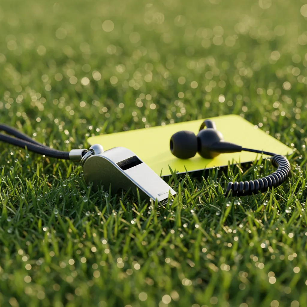 A referee's whistle, yellow card, and VAR earpiece lying on the green grass of a pitch