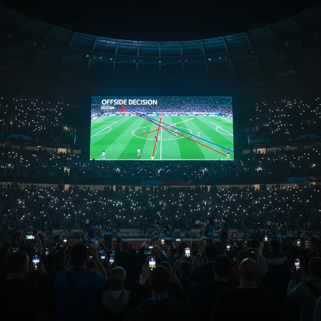 A high-tech tracking camera mounted on a stadium roof pointed down at the pitch far below