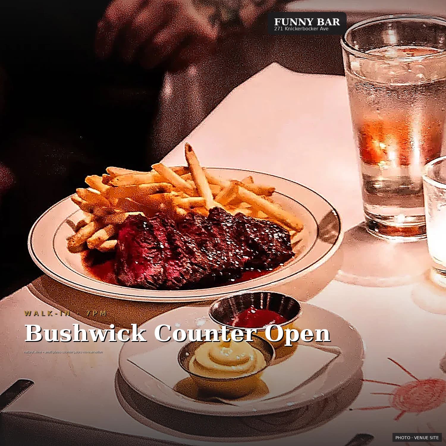 Funny Bar — Dive-energy counter bar, kitchen open late.. Photo via venue site.