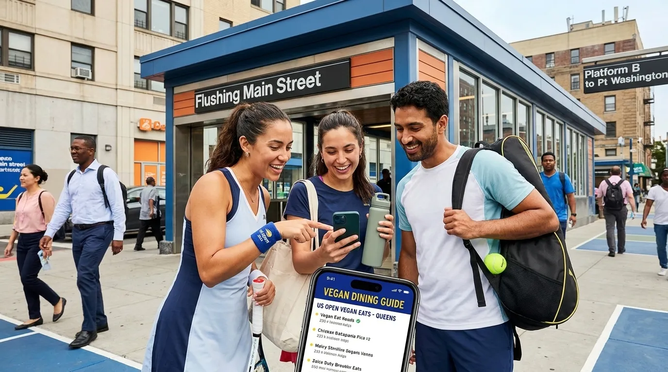 Bright editorial scene supporting Vegan Queens Dining Plans for US Open Match Days.
