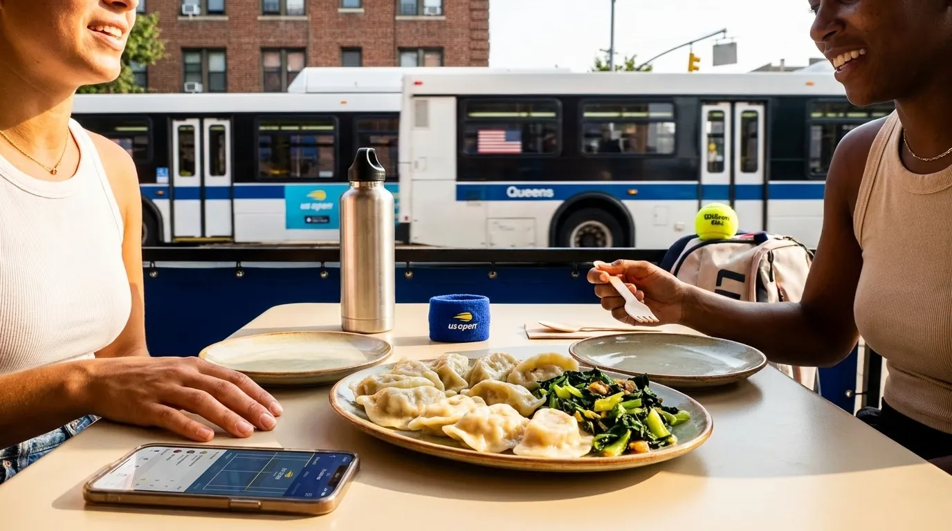 Bright editorial scene supporting Vegan Queens Dining Plans for US Open Match Days.