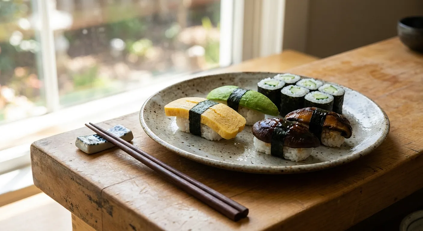 Vegetable nigiri including tamago, avocado, and shiitake arranged on a ceramic plate at a sushi counter