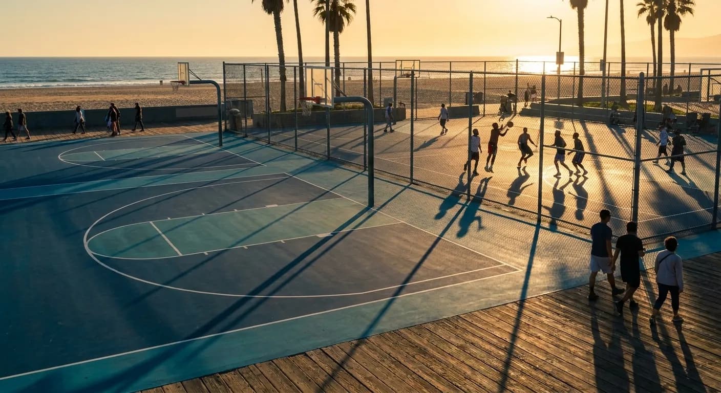 Basketball courts along Ocean Front Walk with players mid-game and boardwalk pedestrians passing by