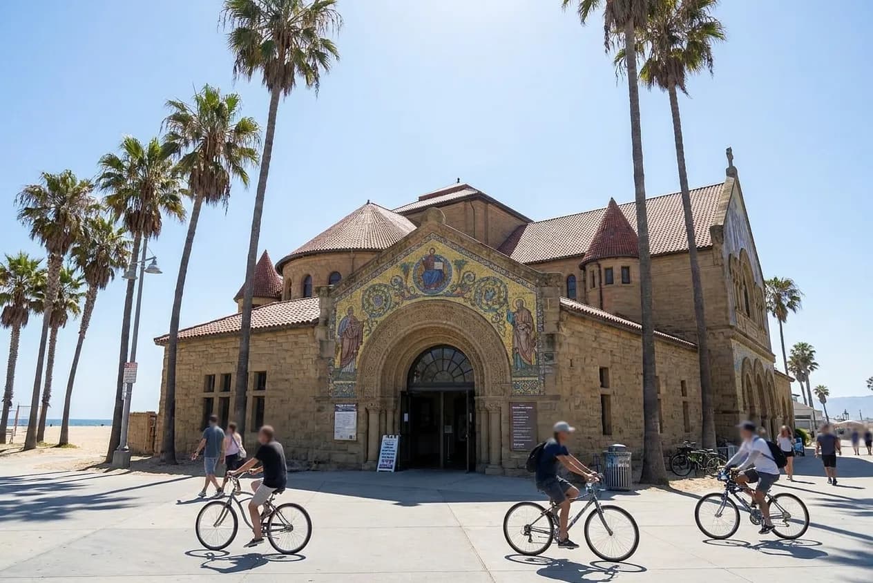 Venice Beach Recreation Center entrance at 1800 Ocean Front Walk with signage and palm trees