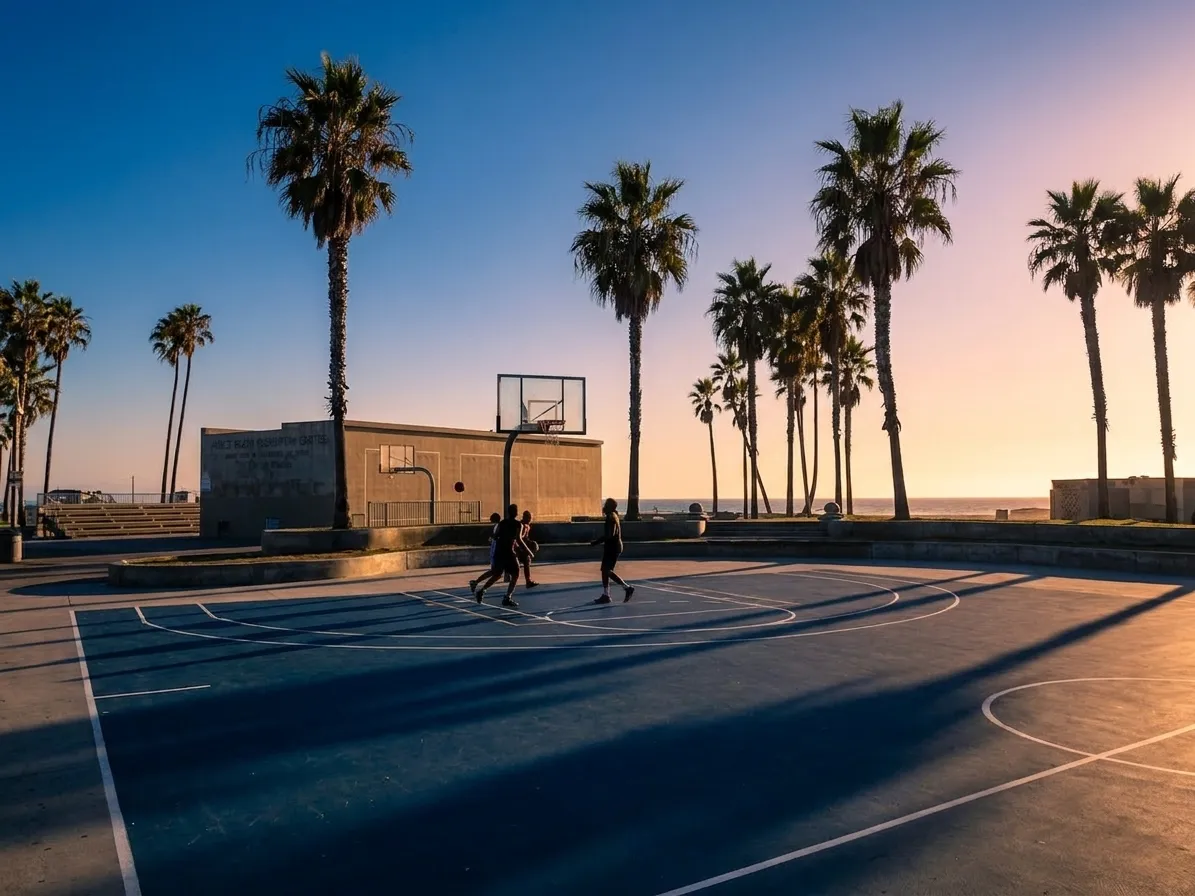 Blue stadium court at Venice Beach with bleachers and palm trees against ocean backdrop