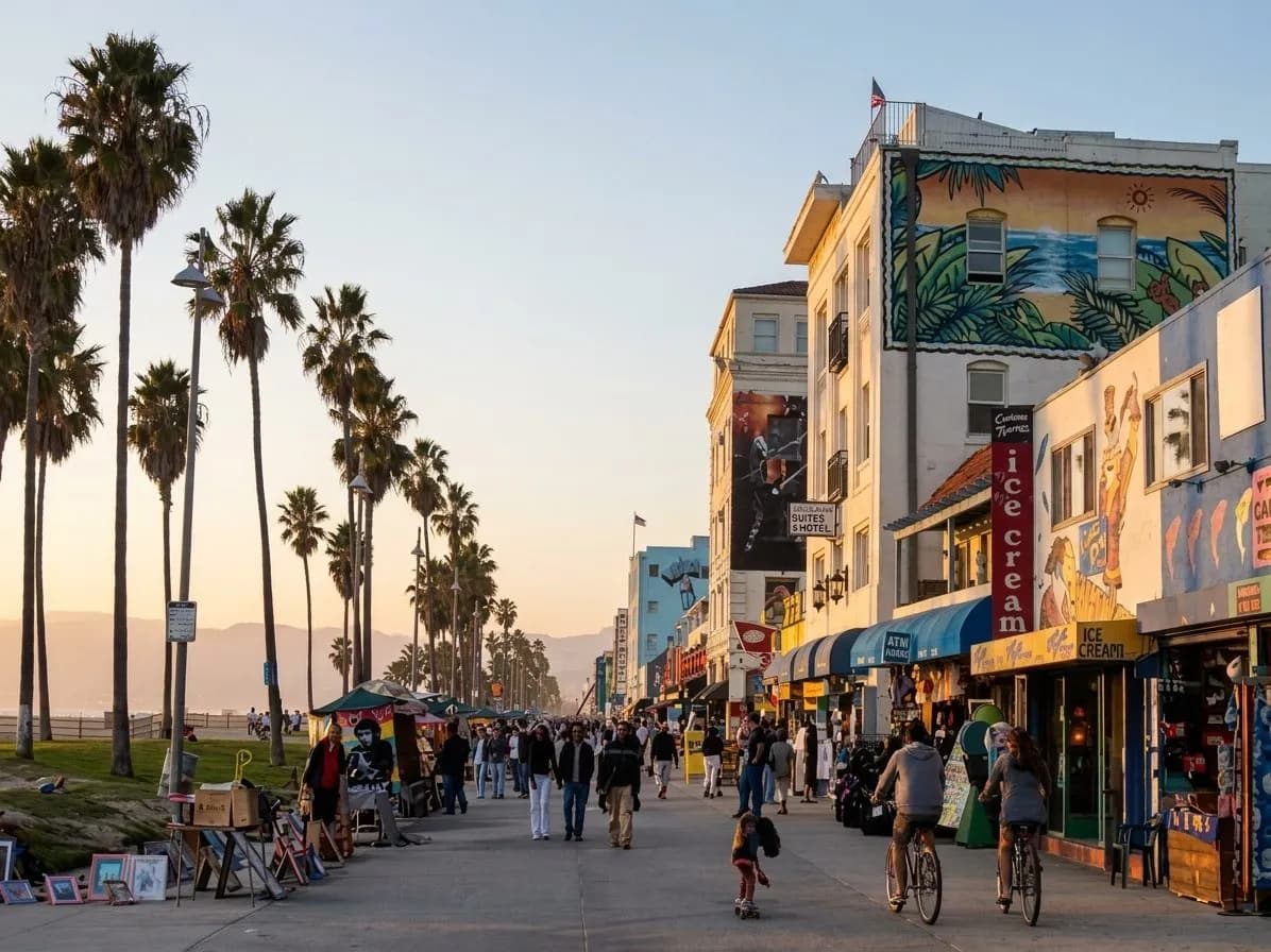 Sunset crowd and skaters along the Venice Boardwalk