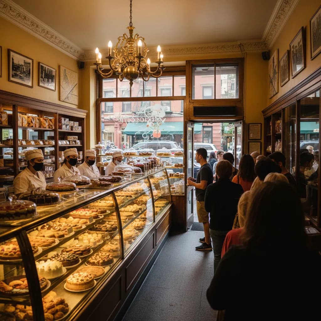 Editorial-style realistic scene inspired by Veniero's Pasticceria in New York.
