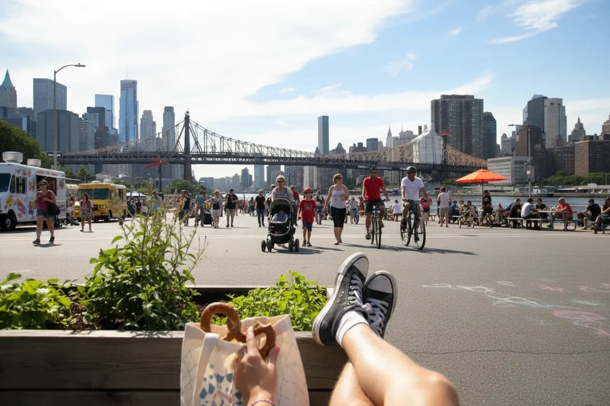 NYC experience scene for Vernon Boulevard Summer Streets for a Queens Waterfront Bike-and-Walk Plan