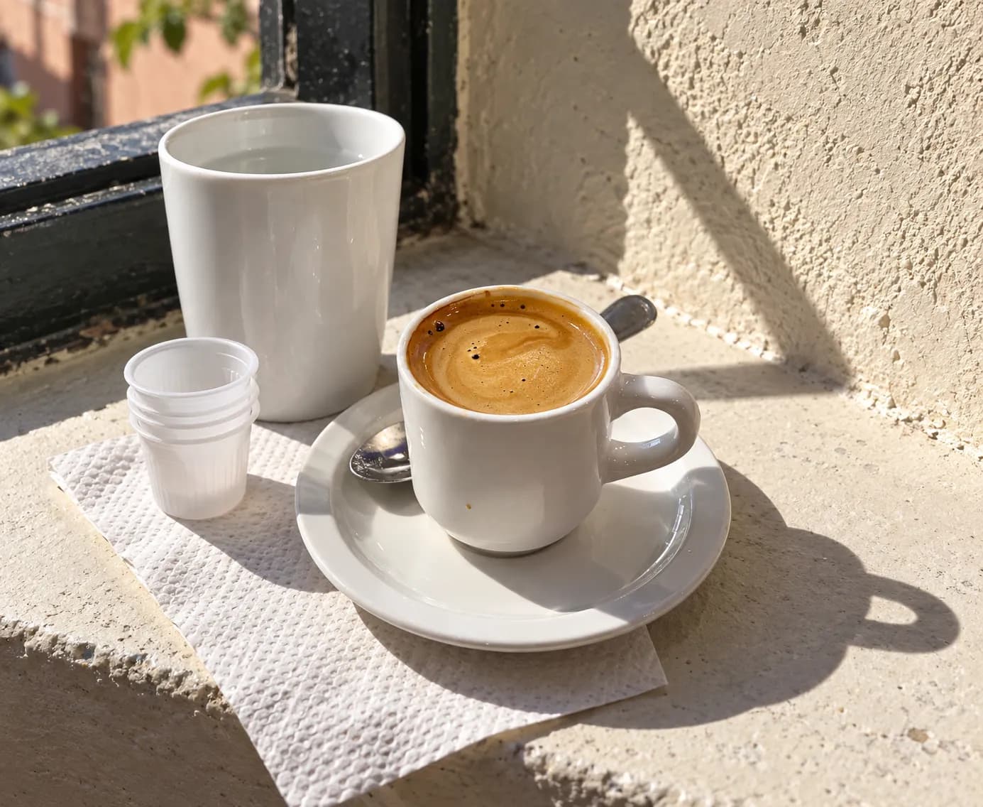 Small foam cup of dark Cuban espresso on a window ledge beside a taller cup and a stack of tiny plastic thimble cups, sugar crust visible on the crema