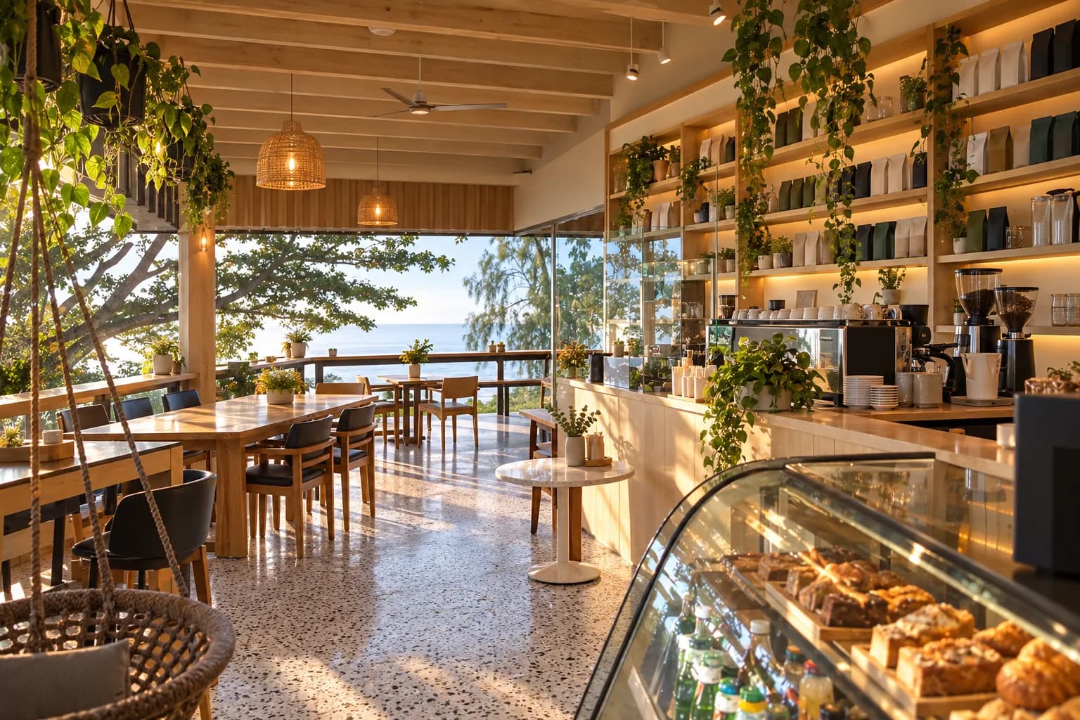 Bright designed café interior with a pale timber counter, terrazzo floor, shelved retail coffee bags and hanging plants beside large street-facing windows