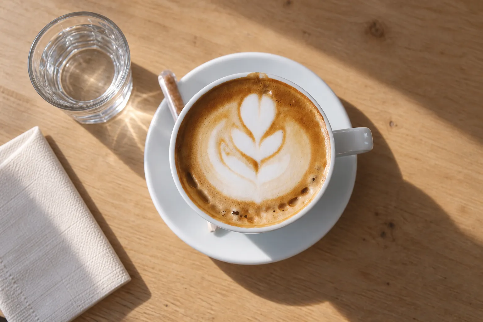 Flat white in a heavy ceramic cup with a clean rosetta poured into the crema, beside a glass of water on a pale timber table