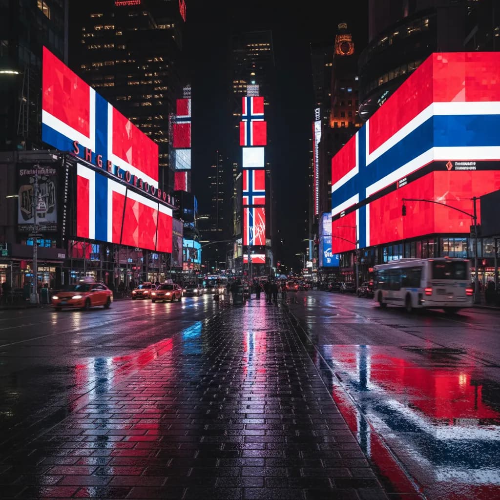 Times Square illuminated at night as backdrop for Norway's Viking Row celebrations