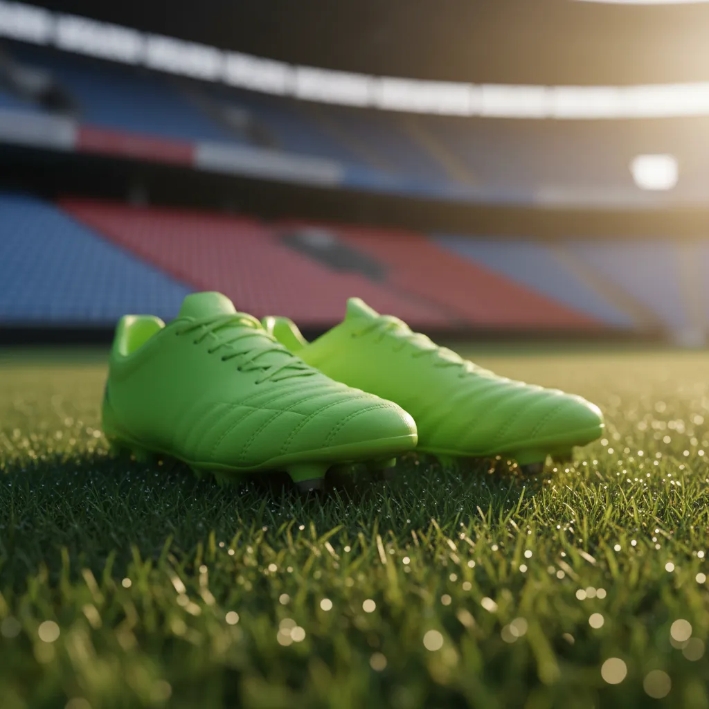 Neon green football boots on dewy grass at dawn