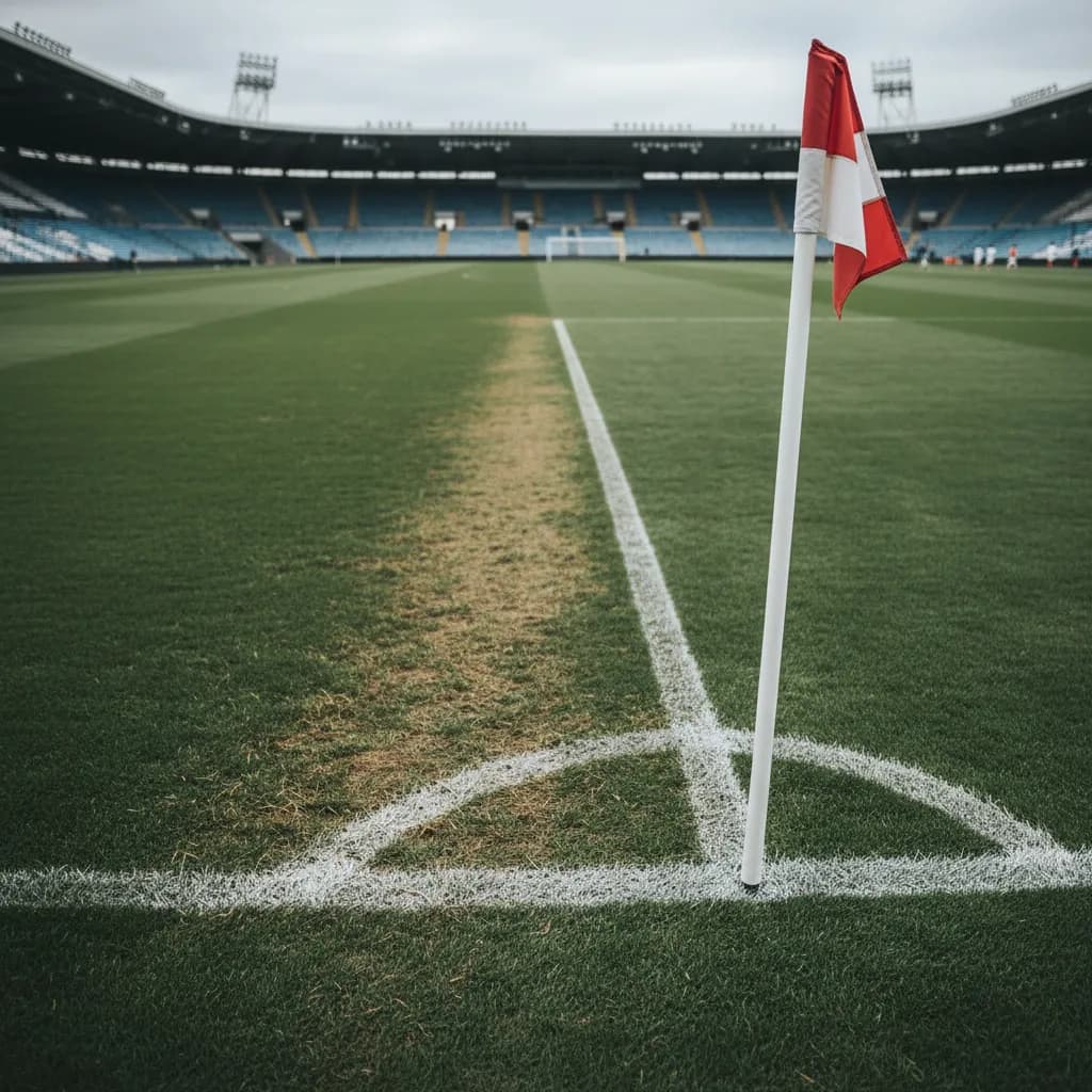 An empty left wing position on a worn soccer pitch with a lone corner flag in the distance