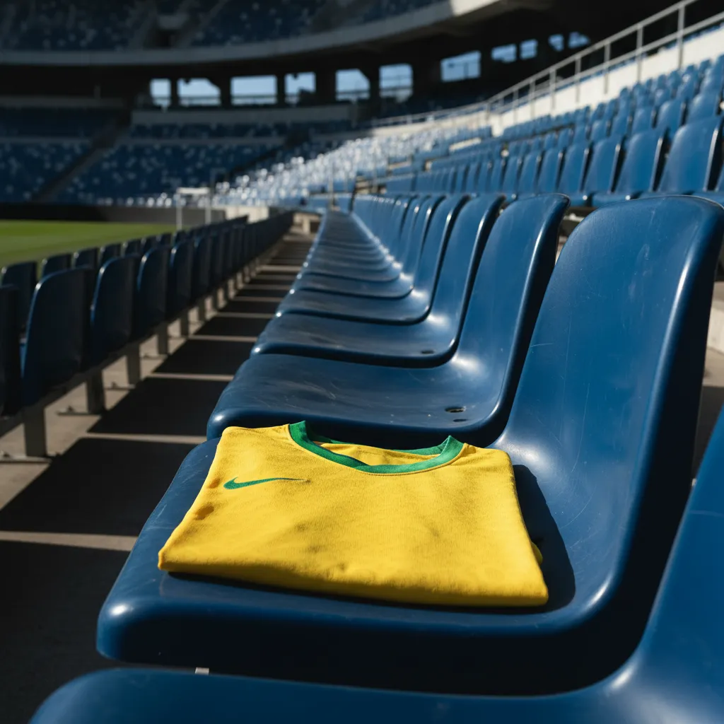 A golden soccer ball trophy sits alone on a locker room bench bathed in dramatic light