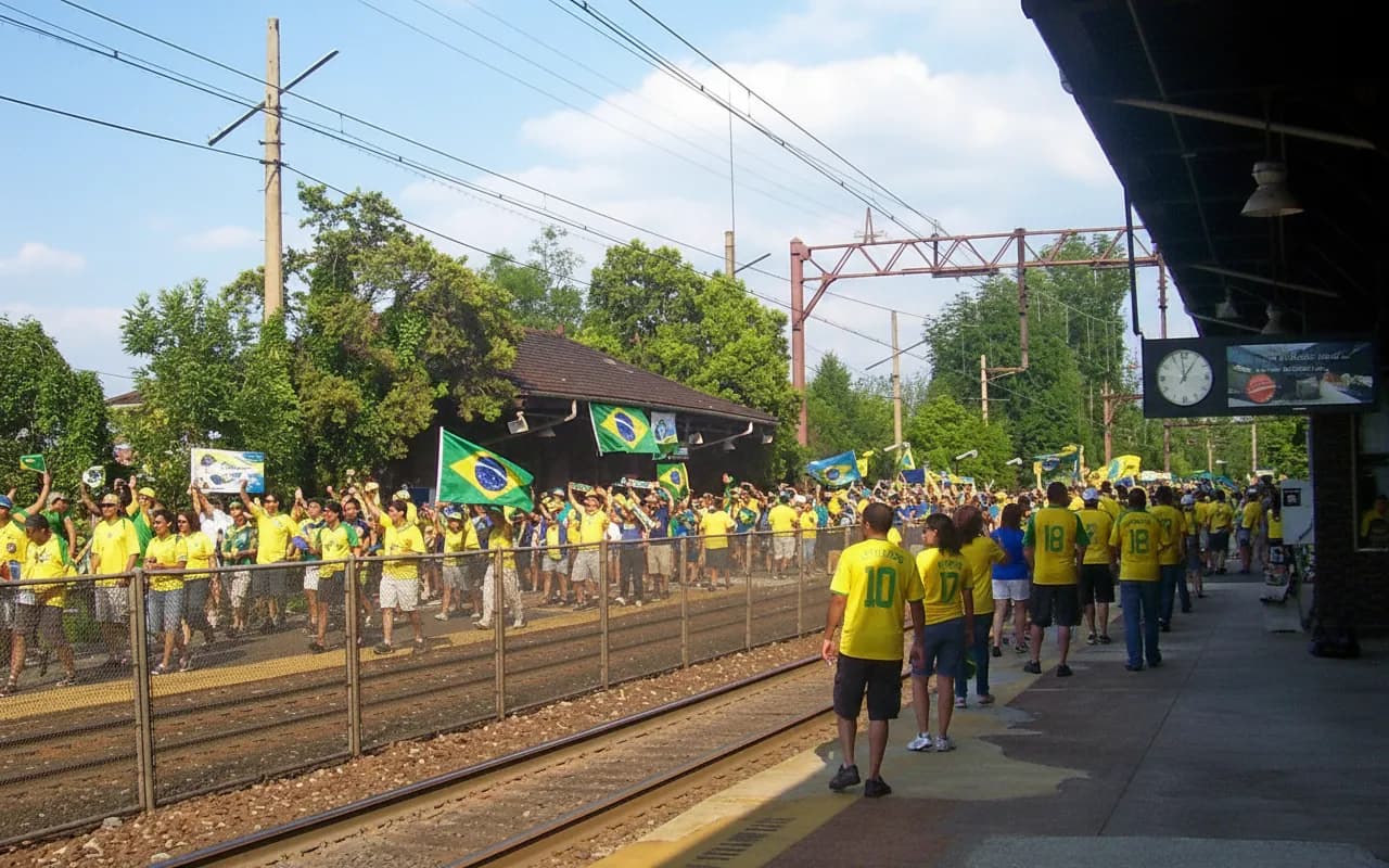 Brazil yellow shirts and New Jersey transit movement after a World Cup match