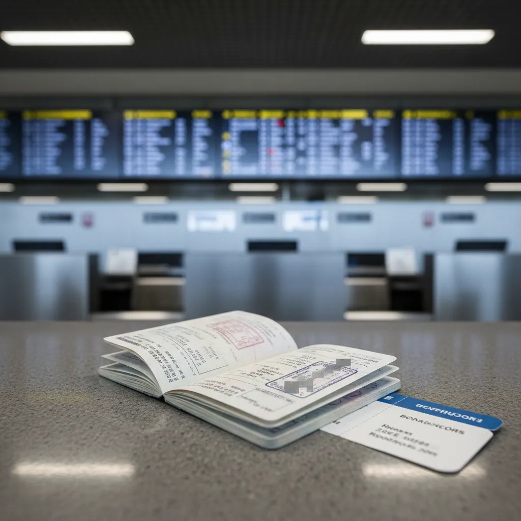 Open passport on airport counter with boarding pass