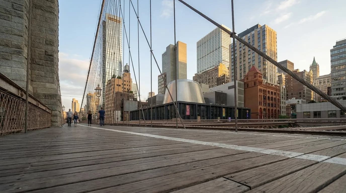 Wooden pedestrian walkway on the Brooklyn Bridge with suspension cables and Manhattan skyline in the distance