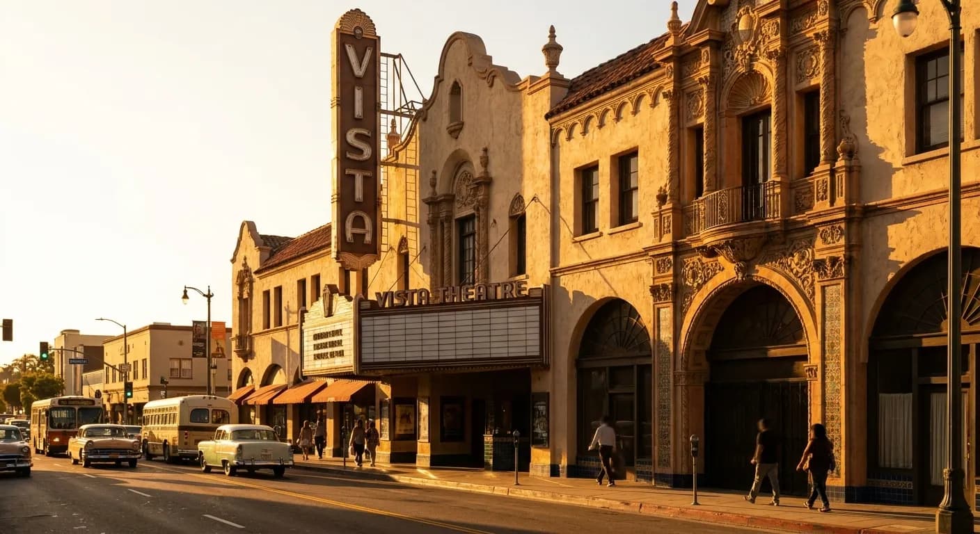 Vista Theatre's Spanish Renaissance facade with vertical marquee on Sunset Drive in Los Feliz
