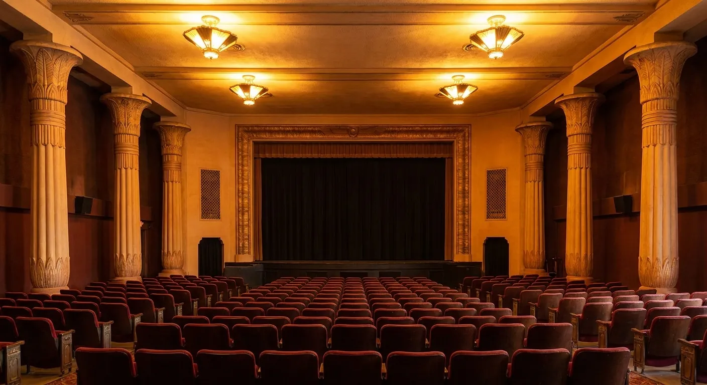 Vista Theatre's Egyptian Revival auditorium with Art Deco light fixtures and papyrus columns flanking the screen