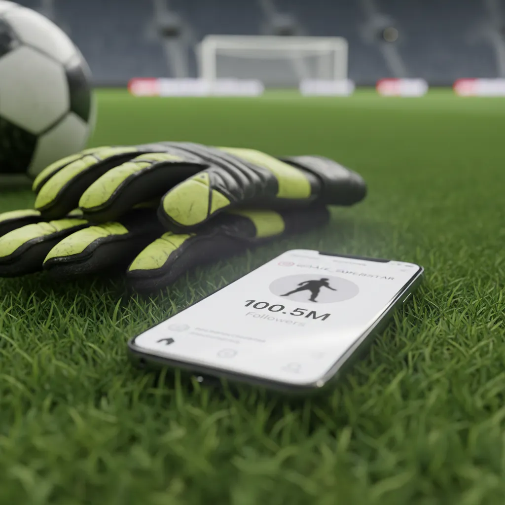 A smartphone shows viral follower growth next to goalkeeper gloves