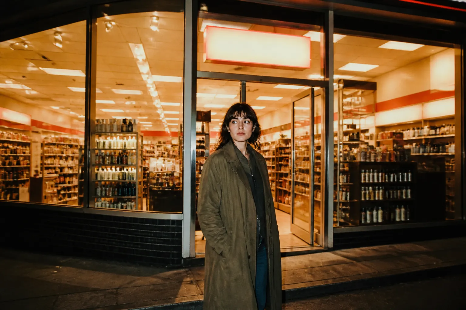 A drugstore glowing at night with a lit open sign by the entrance