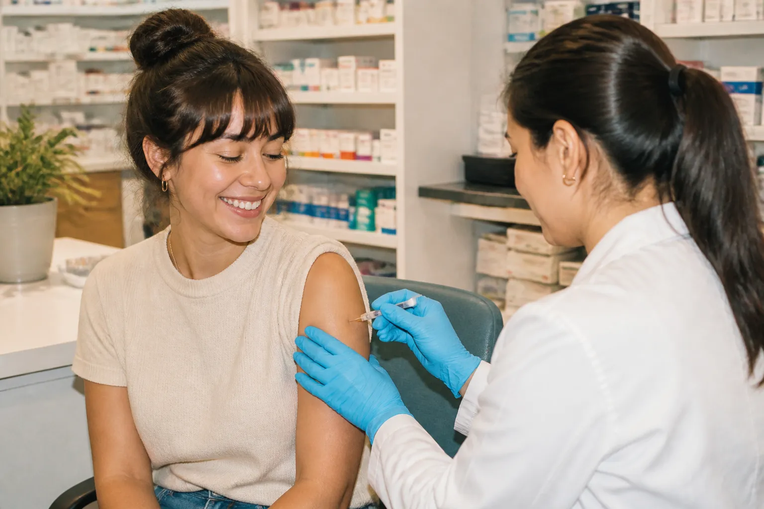 A clean pharmacy immunization area with a chair and privacy panel