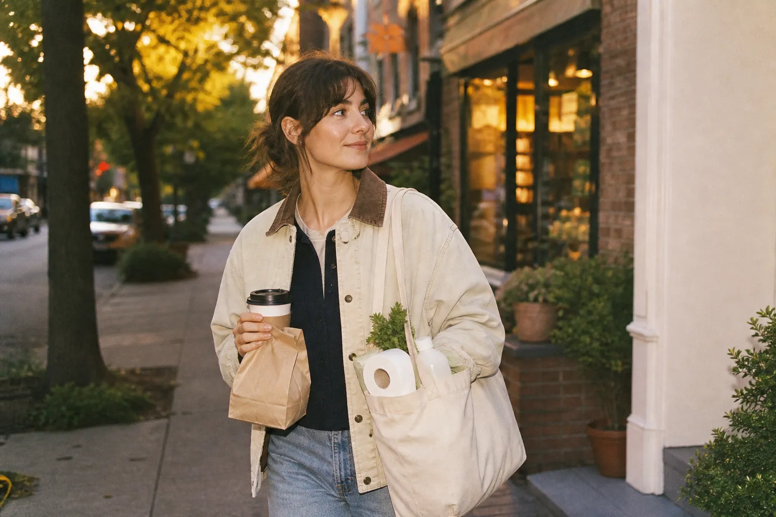 A person walking a quiet tree-lined sidewalk at golden hour holding a small paper pharmacy bag and a coffee