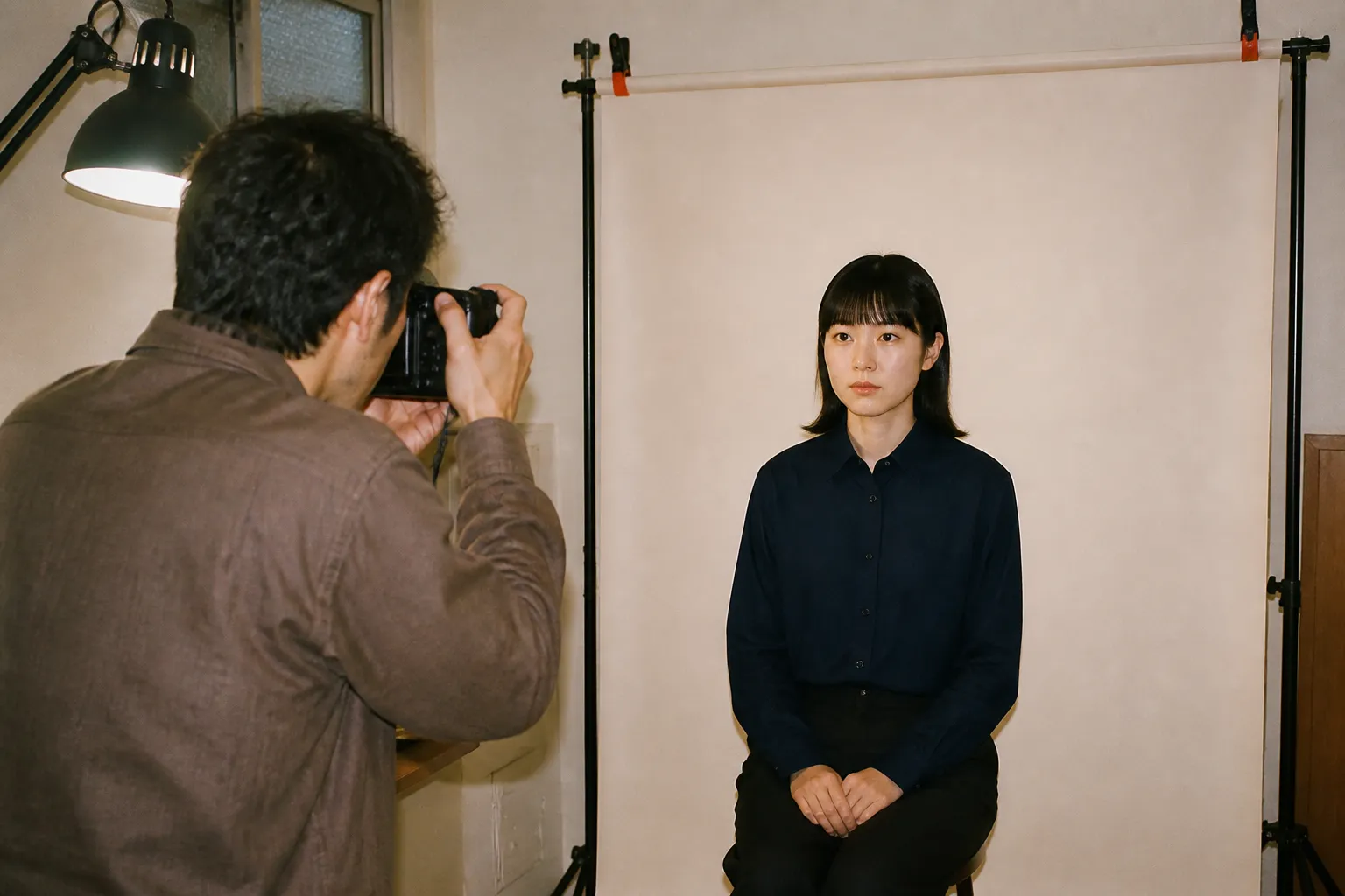 A simple passport photo station with a plain light backdrop and stool
