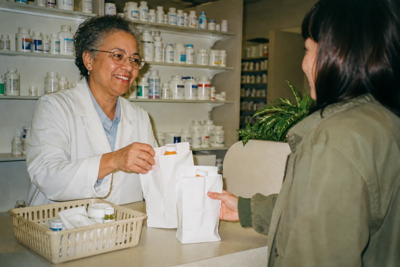 A tidy pharmacy counter lined with white prescription bags ready for pickup