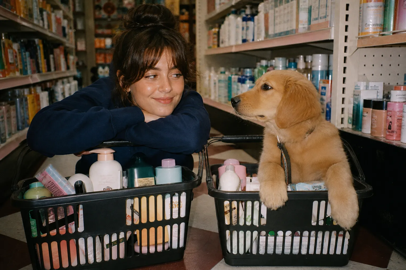 Two drugstore shopping baskets sitting side by side on a counter